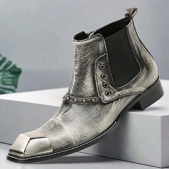 Men's Metallic Silver Leather Chelsea Motorcycle Boots – Pointed Toe Ankle Boots with Studded Detailing and Metal Toe Cap 11
