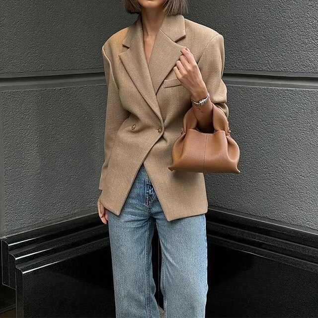 Women's Blazer Formal Button Solid Color Comfortable Fashion Regular Fit Outerwear Long Sleeve Spring khaki S2