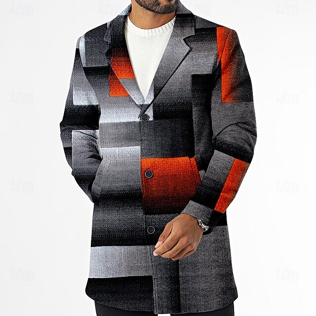 Men's Plaid Winter Coat Fleece Jacket Overcoat Thermal Comfortable Casual Outdoor clothing Daily Wear Streetwear 3D Print Buttons Front Pocket Winter Turndown Long Sleeve Black4