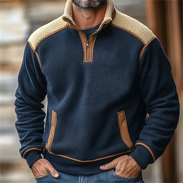 Men's Sweatshirt Quarter Zip Sweatshirt Navy Blue Half Zip Plain Pocket