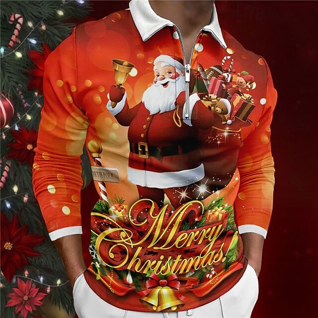 Christmas Men's Santa Claus 3D Zipper Polo Santa Claus Casual Print 3D Zip Golf Outdoor Casual Daily Streetwear Polyester Long Sleeve Turndown Zip Shirts Orange Fall & Winter S M L Lapel Polo4
