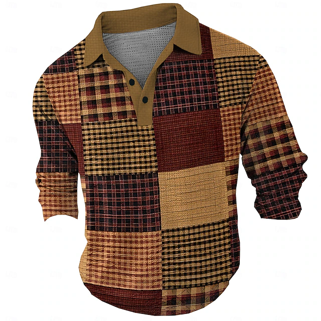 Men's Plaid Waffle Polo Shirts Long Sleeve Polo Shirts Collar Vintage Casual Vacation Party Evening Wear Dailywear Buttons 3D Print Spring Fall Winter Brown4