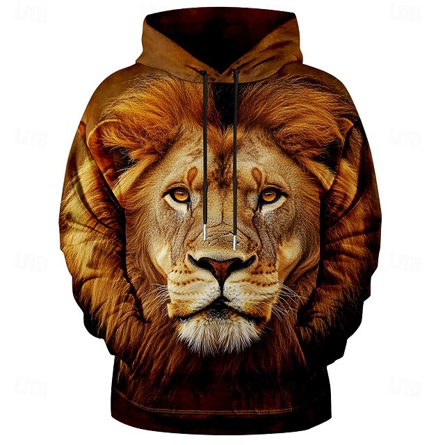 Men's Lion Hoodie Hoodies Sweatshirt Daily Casual Long Sleeve Hooded Vacation Sports Outdoor Streetwear Brown Print Front Pocket Spring &  Fall Designer4