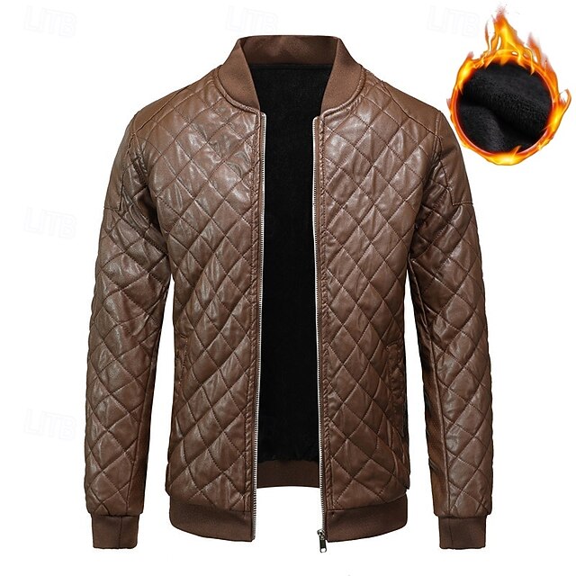 Men's Faux Leather Jacket Bomber Jacket Motorcycle Jacket Home Office Windbreaker Pocket Winter Spring & Fall Color Block Vintage Classic Style Regular Blue Brown Jacket 16