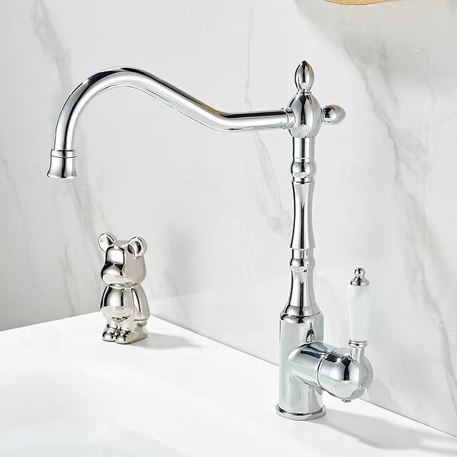  バスルーム キッチン 洗面台 シンク 蛇口 ミキサー タップ 回転式スパウト シングルハンドル 1穴 デッキマウント