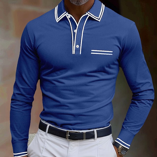  Herren Poloshirt Golfpolo Strasse Geschäft Umlegekragen Gerippter Polokragen Langarm Modisch Basic Feste Farbe Tasche Farbblock Herbst Winter Jahreszeiten Regular Fit Hellblau Schwarz Burgunderrot