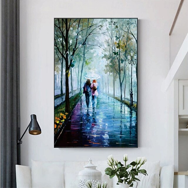 Couple lovers Oil painting handmade Raining Couple lovers oil painting