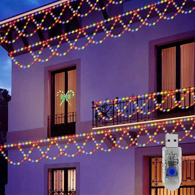  Guirlande lumineuse LED alimentée par USB 4 m 138 LED en forme de vague pour intérieur et extérieur, fête, avant-toit, rampe d'escalier, vacances, Noël, nouvel an, éclairage coloré, 1 pièce