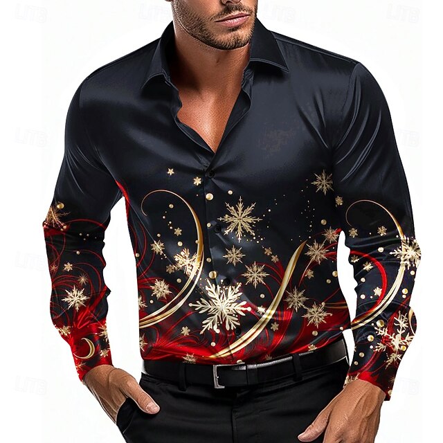 Christmas Men's Snowflake Shirt Dress Shirt Button Up Shirt Long Sleeve Casual Fashion Casual Vacation Party Evening Wear Dailywear Summer Spring Fall Collared Shirts 3D Print Black4