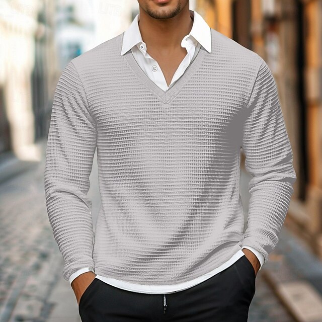 Men's Waffle Tshirt Tee Top Long Sleeve Shirt Solid Color Turndown
