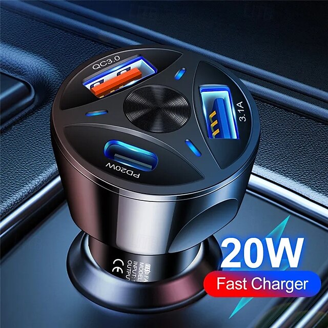  Power Car Charger Fast Charging 20W PD Socket Dual USB QC 3 Type C Cable Car Charger Adapter with LED Ambient Light