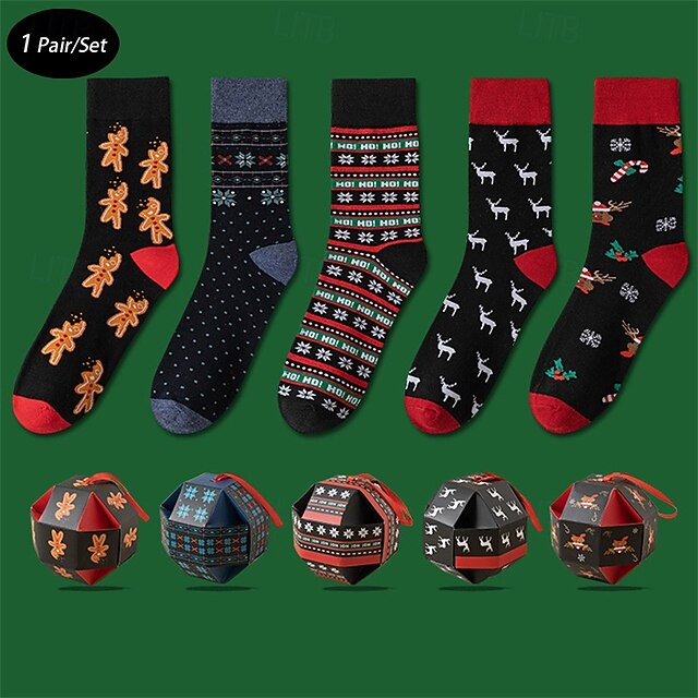 Men's 1 Pair Socks black+dark grey Black Color Christmas Pattern Sports