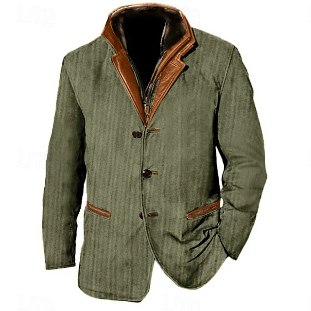 Men's Corduroy Jacket Windbreaker Daily Vacation Thermal Warm Fleece Collar No Fleece Lining Fall & Winter Plain Fashion Streetwear Lapel Regular Blue Khaki Army Green Jacket 6