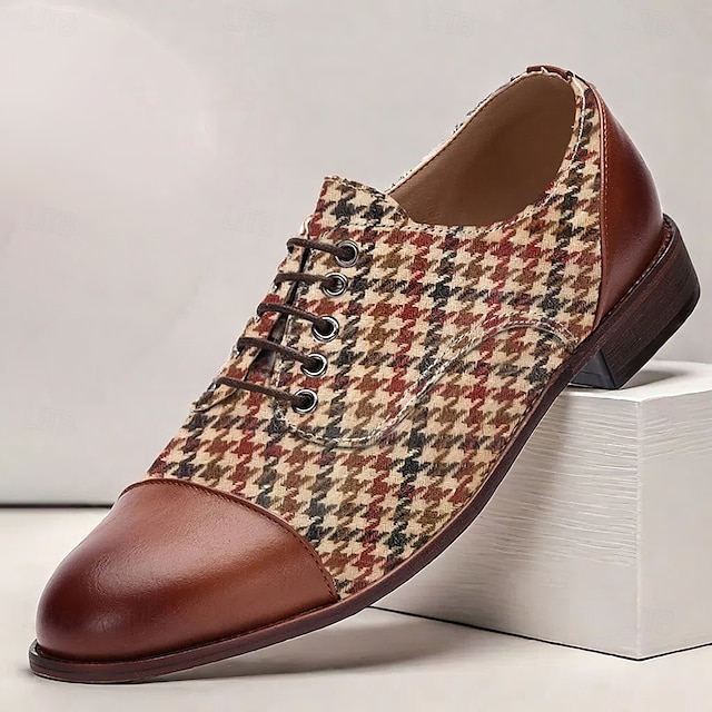  scarpe oxford da uomo con motivo pied de poule - motivo a scacchi marrone e rosso vintage, dettagli in similpelle, perfette per occasioni formali e casual