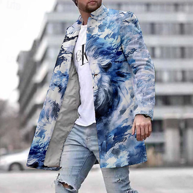 Men's Lion Winter Coat Fleece Jacket Overcoat Thermal Comfortable Artistic Casual Outdoor Party Evening Wear Daily Wear 3D Print Buttons Front Pocket Winter Turndown Long Sleeve Blue4