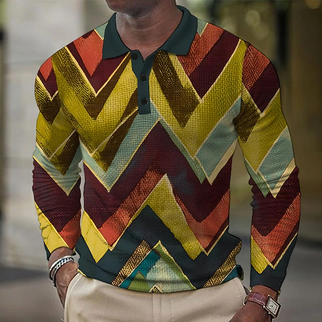 Men's Geometric Waffle Polo Shirts Long Sleeve Polo Shirts Collar Vintage Casual Vacation Party Evening Wear Dailywear Buttons 3D Print Spring Fall Winter Yellow4