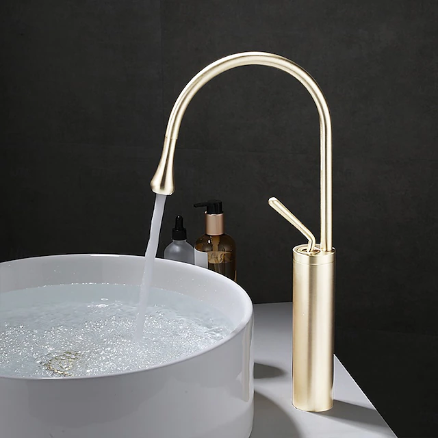 Bathroom Sink Mixer Faucet Brushed Gold Tall Deck Mounted, High Arc Vessel Tap Single Handle One Hole Standard Spout Wahsroom Basin Taps with Cold and Hot Water Hose 11