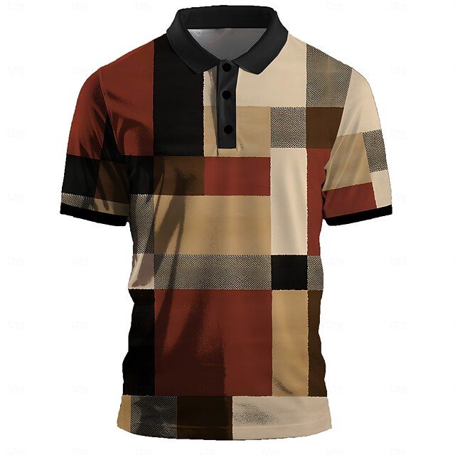 Men's Plaid Golf Shirt Short Sleeve Polo Shirts Collared Shirts Vintage Casual Vacation Wear Formal Wear Festival Wear Buttons 3D Print Summer Khaki4