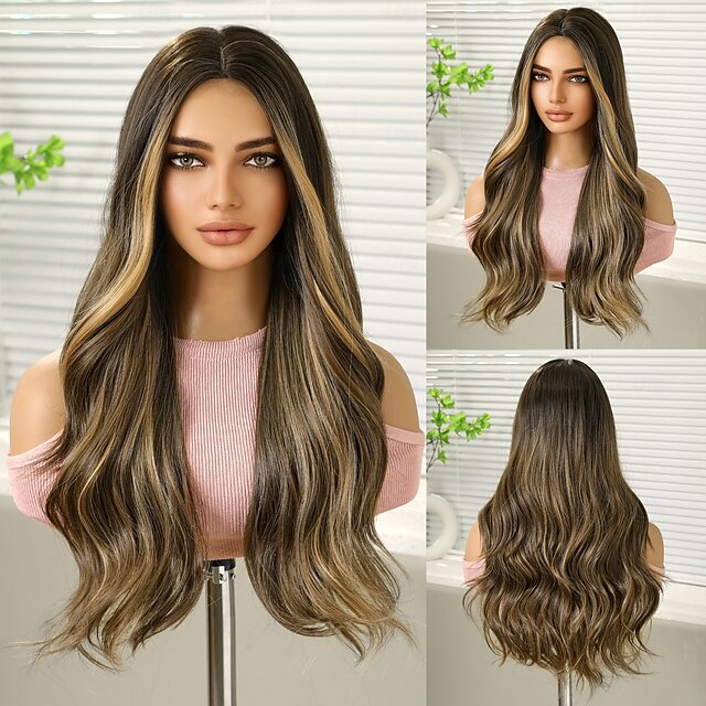 Perruque Synthétique Bouclé Ondulé Partie médiane Fabriqué à la machine Perruque 26 pouces Noir / Brun Cheveux Synthétiques Femme Mignon Cosplay Soirée Blond