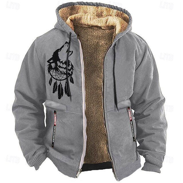 Wolf Men's Daily Graphic Print Hunting Fleece Hoodies Black Blue Hooded