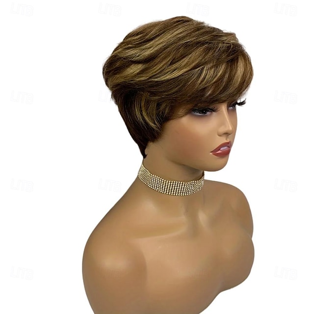  perruque coupe lutin avec frange courte droite couleur mixte remy cheveux humains brésiliens sans colle perruque entièrement fabriquée à la machine