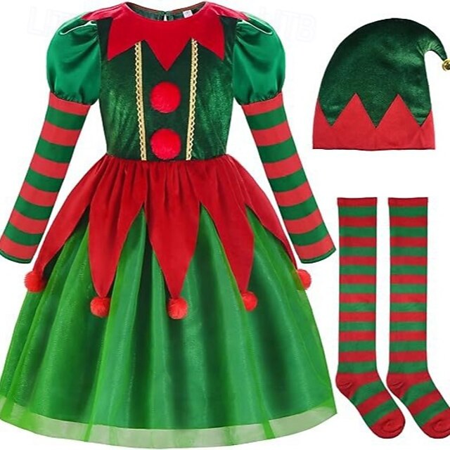 Elf Outfits Fancy Costume Christmas Costume Girls' Cosplay Costume Kid's Christmas New Year Christmas Eve Christmas Party Dress Socks Hat4