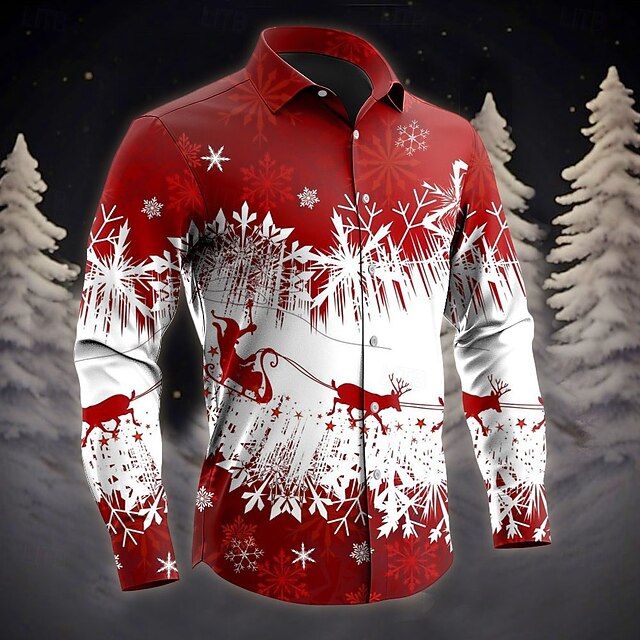 Christmas Men's Christmas Tree Ugly Designer Shirt Long Sleeve Fashion Casual Christmas Party Winter Spring &  Fall Turndown Shirt Collar Red4