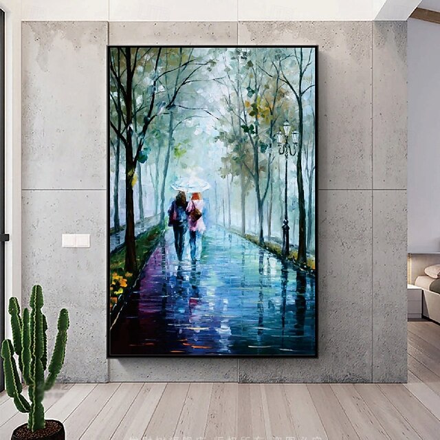 Couple lovers Oil painting handmade Raining Couple lovers oil painting