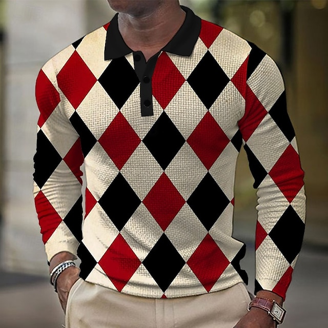  Voor heren Ruitjes Wafel Poloshirts Golfshirt Lange mouw Poloshirt Overhemden met kraag Vintage Casual Vakantiekleding Formele kleding Festivalkleding Knop 3D-afdrukken Lente Herfst Winter Multi Color