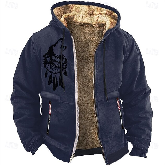 Wolf Men's Daily Graphic Print Hunting Fleece Hoodies Black Blue Hooded