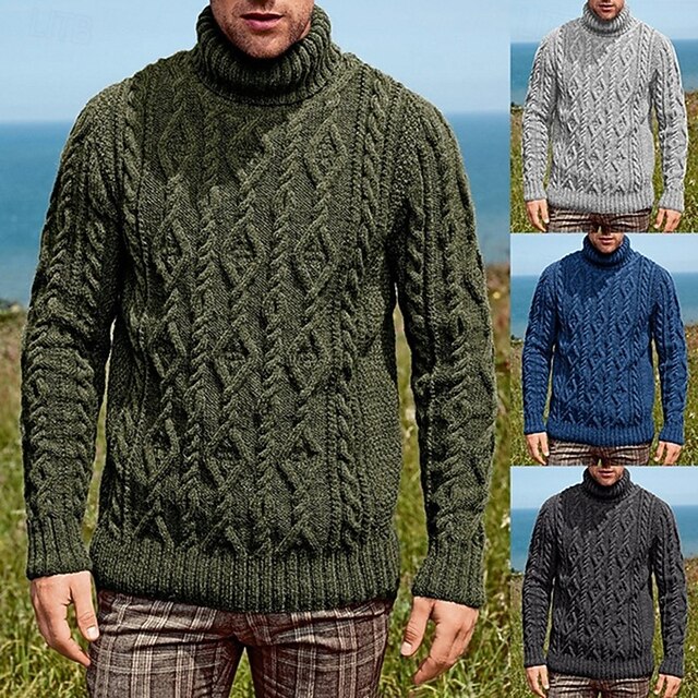Men's Pullover Sweater Jumper Knit Sweater Mens Turtle Neck Jumper Ribbed Cable Knit Regular Knitted Plain Turtleneck Fashion Basic Daily Wear Date Clothing Apparel Fall & Winter Army Green Dark Blue 6