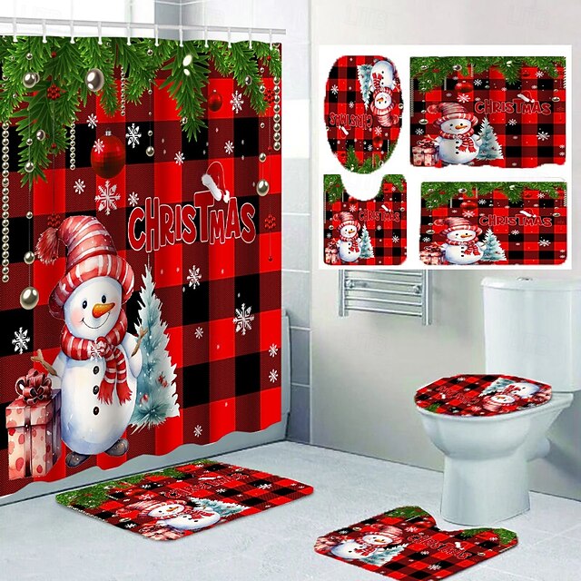 4Piece Christmas Shower Curtain Set with 12 Hooks, StainResistant