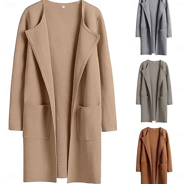 Women's Winter Coat Warm Breathable Pocket Casual Plain Vacation Street Daily Wear Going out Open Front Long Turndown Regular Fit Long Sleeve Outerwear Black Brown Khaki Fall Winter 6