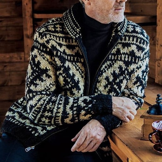  Miesten Jacquard villapaita Neuletakki Rajattu villapaita Neulottu villapaita Joustin Virkkaus Neuloa Normaali Kudottu Jakardi vinoneliö Pystykaulus Muoti Klassinen Arki-asut Deitti Vaatetus Syystalvi
