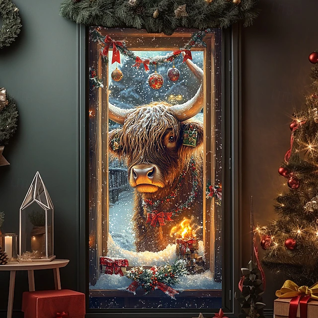 Christmas Door Decorations Door Covers Xmas Hat Door Tapestry Door Curtain Decoration Backdrop Indoor/Outdoor Door Banner for Front Door Farmhouse Highland Cattle 11