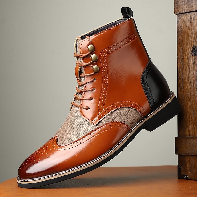  Botas masculinas vintage brogue ankle boots - couro sintético marrom e preto com painel de tweed, design clássico de cadarço para ocasiões formais e casuais, botas sociais estilo retrô