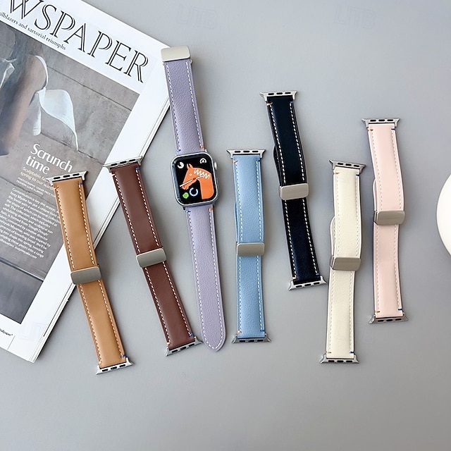  Banda de cuero Compatible con Apple Watch Correa 38mm 40mm 41mm 42mm 44mm 45mm 49mm Mujer cierre magnético Ajustable Cuero Auténtico correa de repuesto para iwatch Ultra 2 Series 9 8 7 SE 6 5 4 3 2 1
