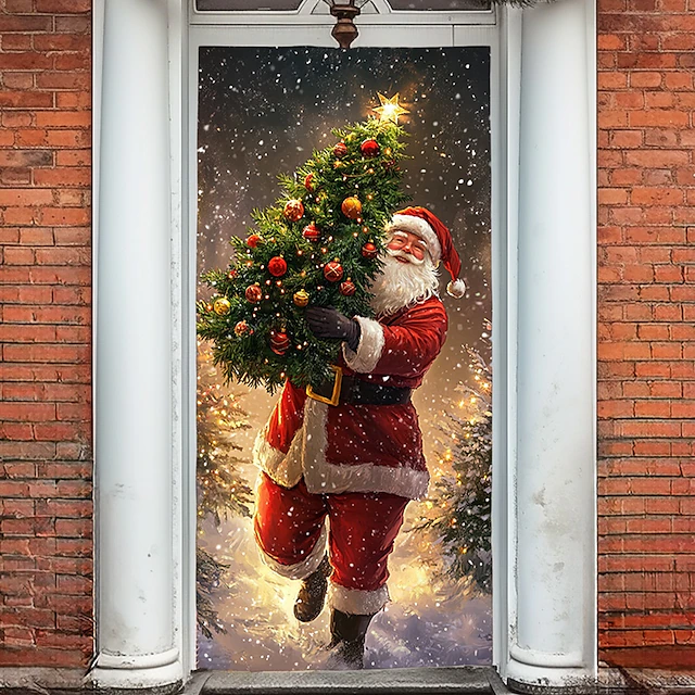 Christmas Door Decorations Door Covers Santa Claus Xmas Tree Door Tapestry Door Curtain Decoration Backdrop Indoor/Outdoor Door Banner for Front Door Farmhouse 15