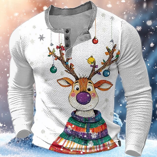 Christmas Men's Christmas animal Henley T Shirt Tree Deer Fashion Daily Funny Print Waffle Henley Long Sleeve White Long Sleeve Henley Collar Zip Quarter Zip Winter Spring &  Fall4