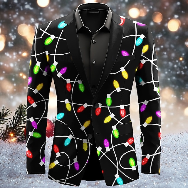  Christmas Men's Christmas Light Print Blazers Artistic Casual Coat Blazer Jacket Breathable Comfortable Party Evening Daily Button 3D Print Multi Pocket Regular Fit Fall & Winter Turndown Long Sleeve