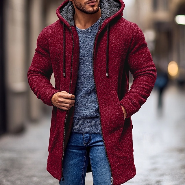  Herren Weihnachtspullover Strickjacke Grobstricken Stricken Standard Zip Tasche Feste Farbe Kapuzenpullover Strickware Elegant Heim Arbeit Bekleidung Bischof Frühling Herbst Schwarz Rote M L XL