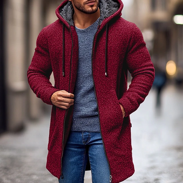Men's Christmas Sweaters Cardigan Chunky Knit Regular Zipper Pocket Solid Color Hoodie Knitwear Elegant Home Work Clothing Apparel Bishop Sleeve Spring Fall Black Red M L XL 14