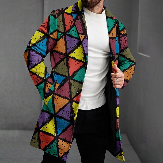 Men's Geometric Winter Coat Fleece Jacket Overcoat Thermal Comfortable Casual Party Evening Wear Street Daily Wear 3D Print Buttons Front Pocket Winter Turndown Long Sleeve Rainbow4