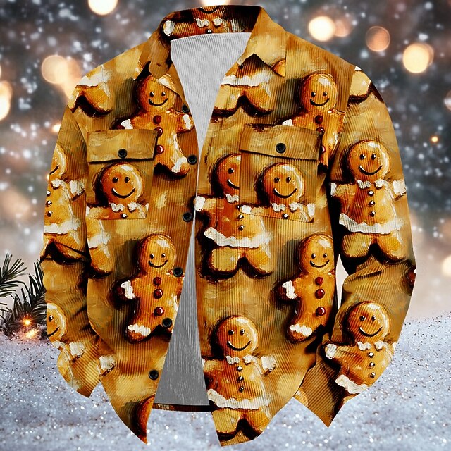Christmas Men's Gingerbread Shirt Corduroy Shirt Shirt Jacket Long Sleeve Ugly Casual Event / Party Dailywear Fall & Winter Turndown Collared Shirts Buttons 3D Print 2 Pockets 1pc Brown4