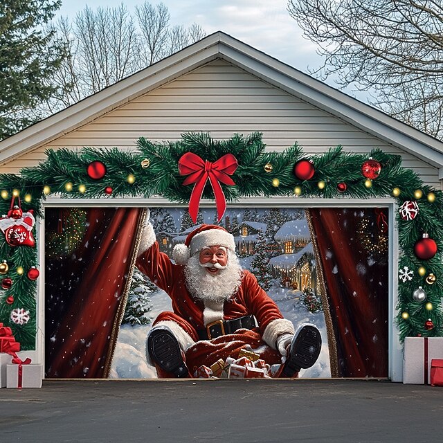 Christmas Door Decorations Garage Door Cover Santa Claus Xmas Outdoor Banner Large Christmas Backdrop for Holiday Outdoor Garage Door Home Wall Decorations 19