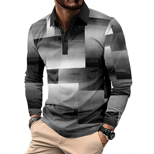  Herr Rutig Pikétröjor Golf pikétröjor Långärmad Polotröjor Krage Business Casual Formell Semester Vardag Friluftskläder Knappar 3D-utskrift Vår Höst vinter Svart Gul Rubinrött