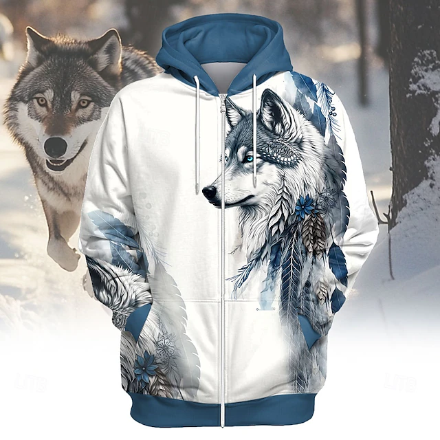 Men's Wolf Hoodie Hoodies Sweatshirt Fashion Cool Long Sleeve Hooded Vacation Gym Blue Drawstring Fall Winter Designer 5