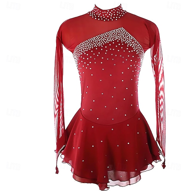  Robe de patinage artistique Femmes Fille Patinage Robe Noir Rouge Bordeaux Bleu Ourlet asymétrique Maille Haute Élasticité Entraînement Compétition Tenue de Patinage Classique cristal pailleté manche