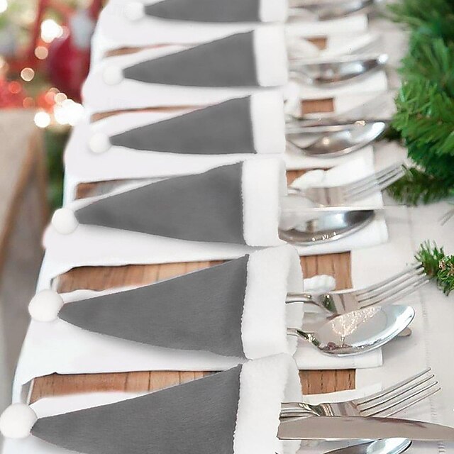 10pcs Gray Christmas Mini Hat Decorations, Santa Hats for Cutlery, Wine Bottle Covers, Festive Holiday Table Decor4