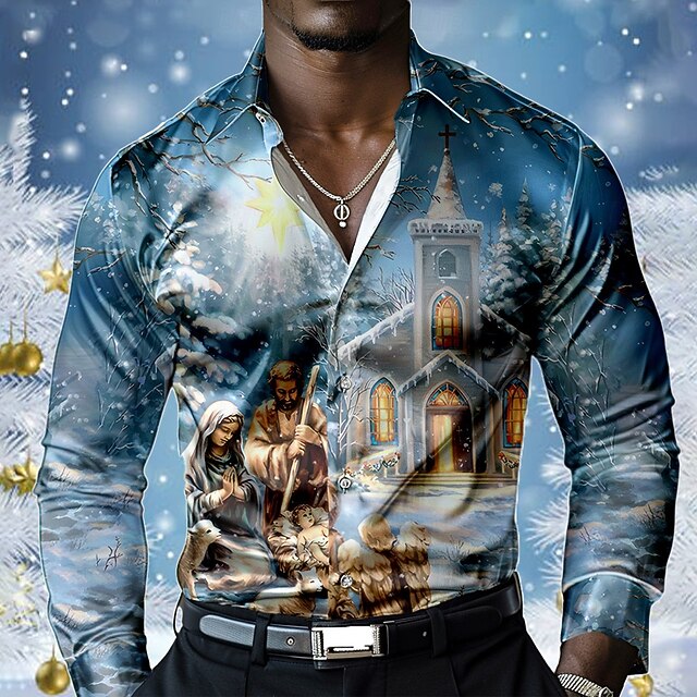 Christmas Men's Faith Christian Christmas Scene Shirt Dress Shirt Button Up Shirt Long Sleeve Fashion Casual Vacation Party Evening Wear Dailywear Summer Spring Fall Collared Shirts 3D Print Blue4